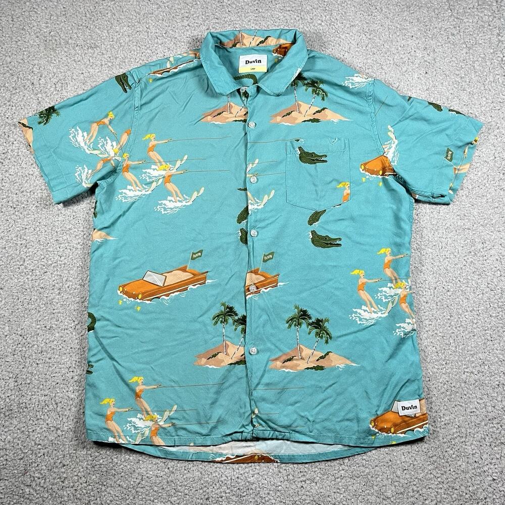 Duvin Shirt Mens L Blue Graphic Beach Surf Tropical Button Loop Collar Rayon